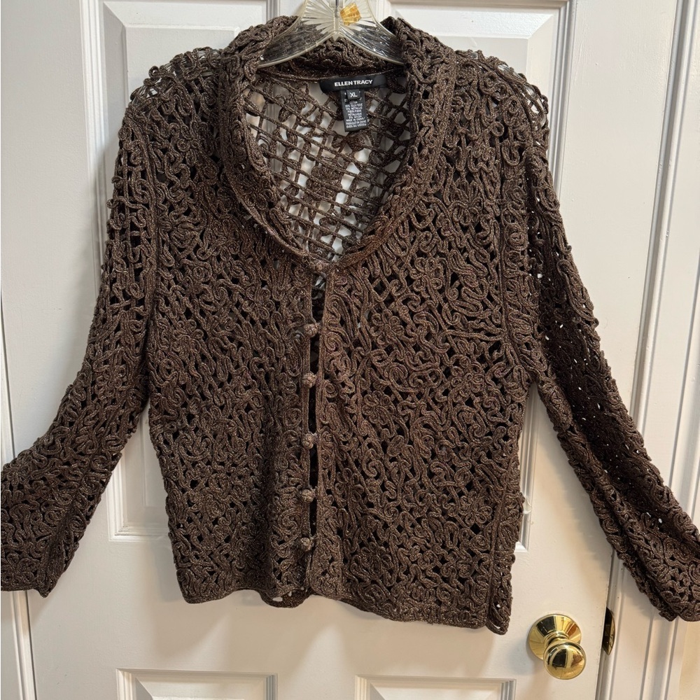 Ellen Tracy Brown Dressy Open-Knit Metalic Blouse